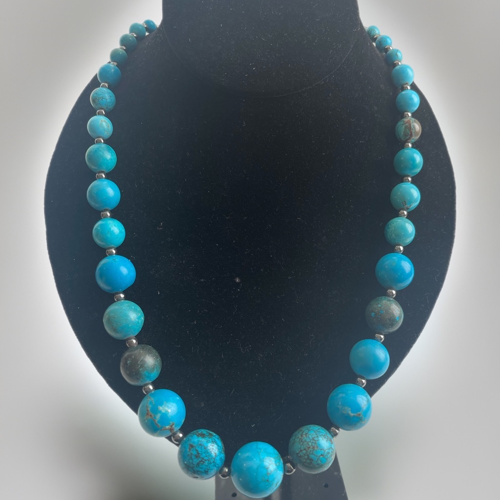 Vintage Persian Turquoise Graduated Bead Strand 22” Necklace Pendant Marked 96g